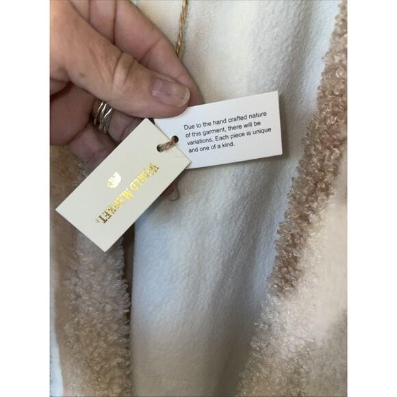 Long Sherpa Faux Fur Lined Open Vest Cardigan Pockets World Market Blue Cream - Picture 8 of 13